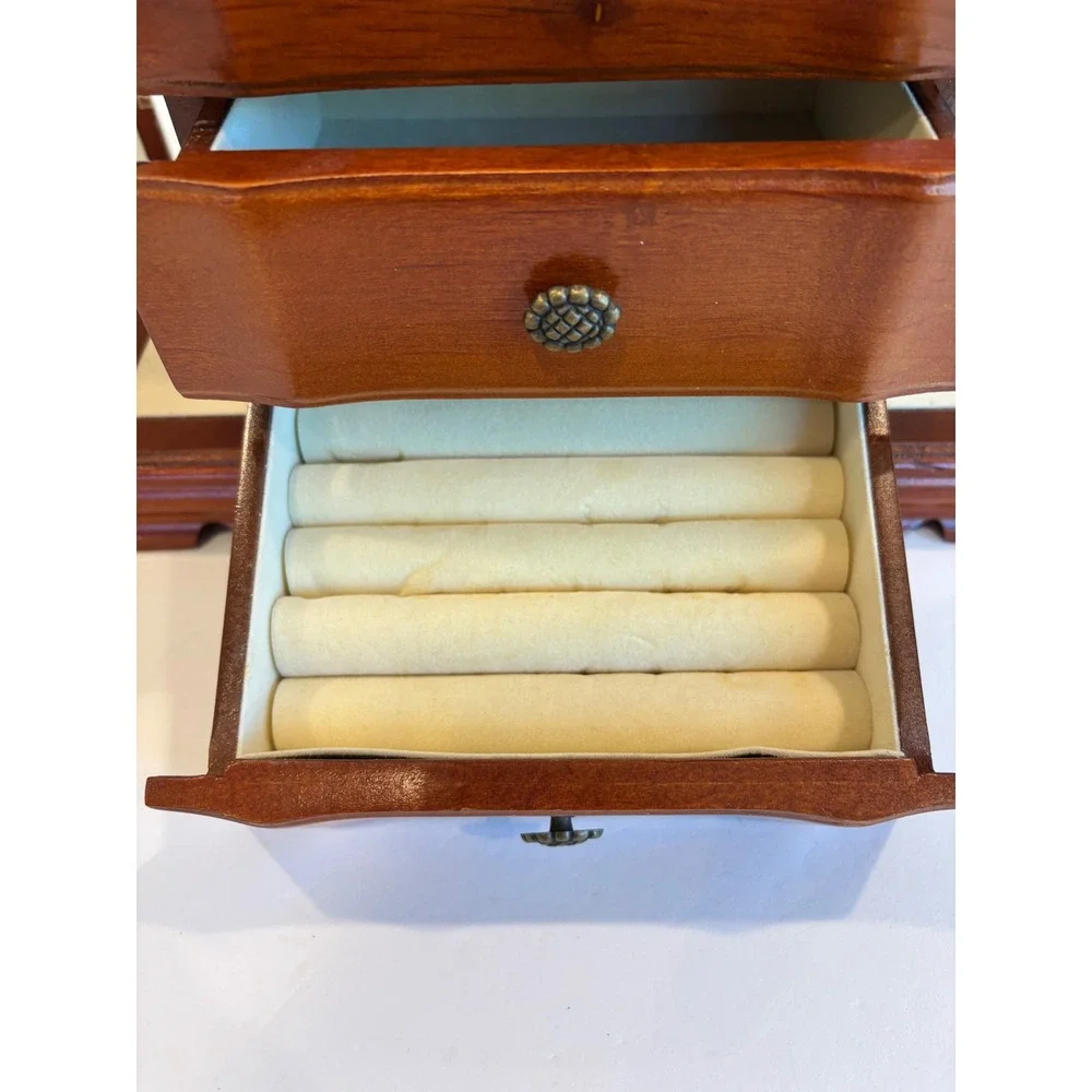 Vintage Wooden Jewelry Box Armoire Storage Chest Organizer Etched Glass Tall